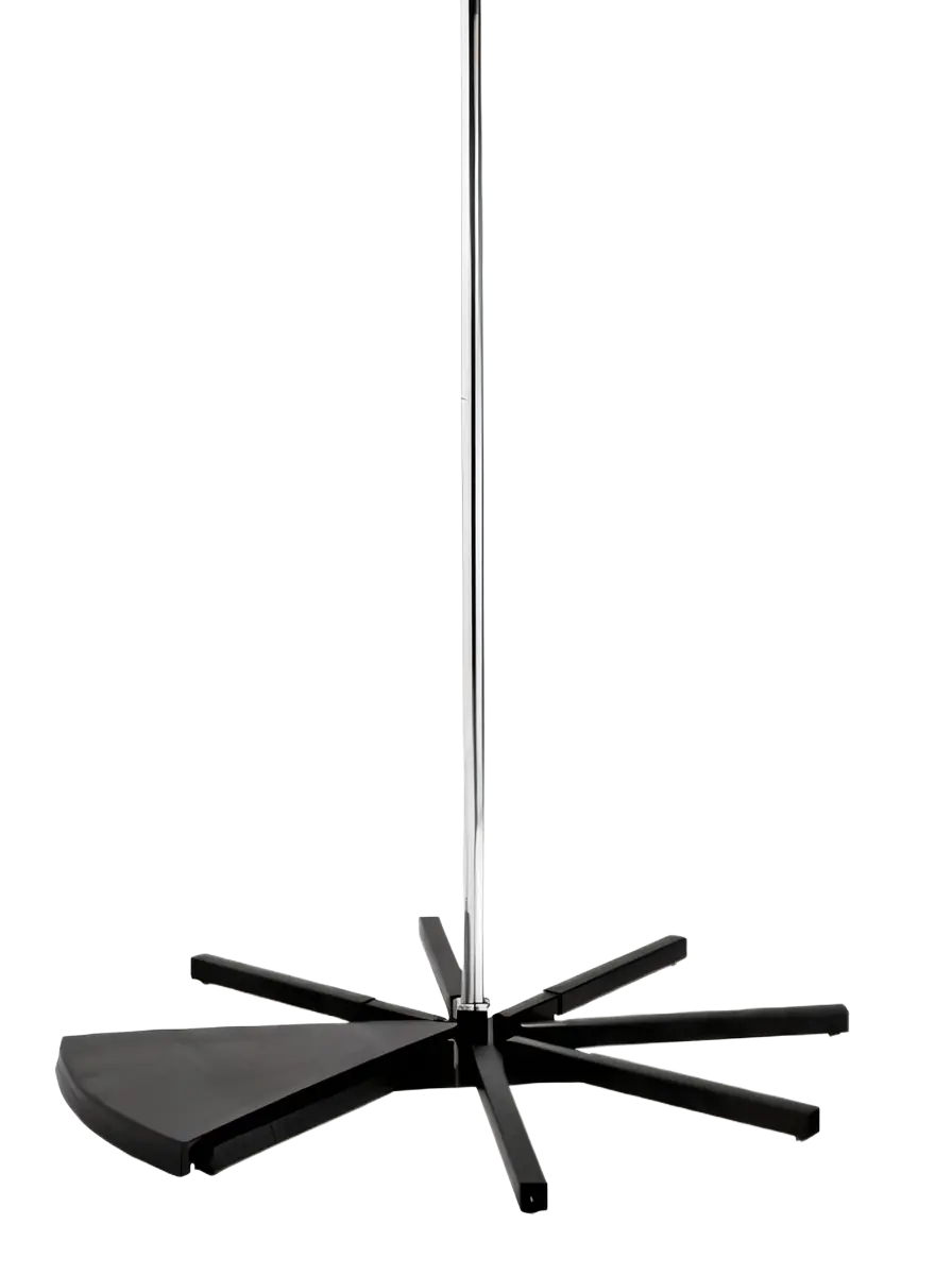 Self-standing chrome dance pole assembled on its padded black stage base