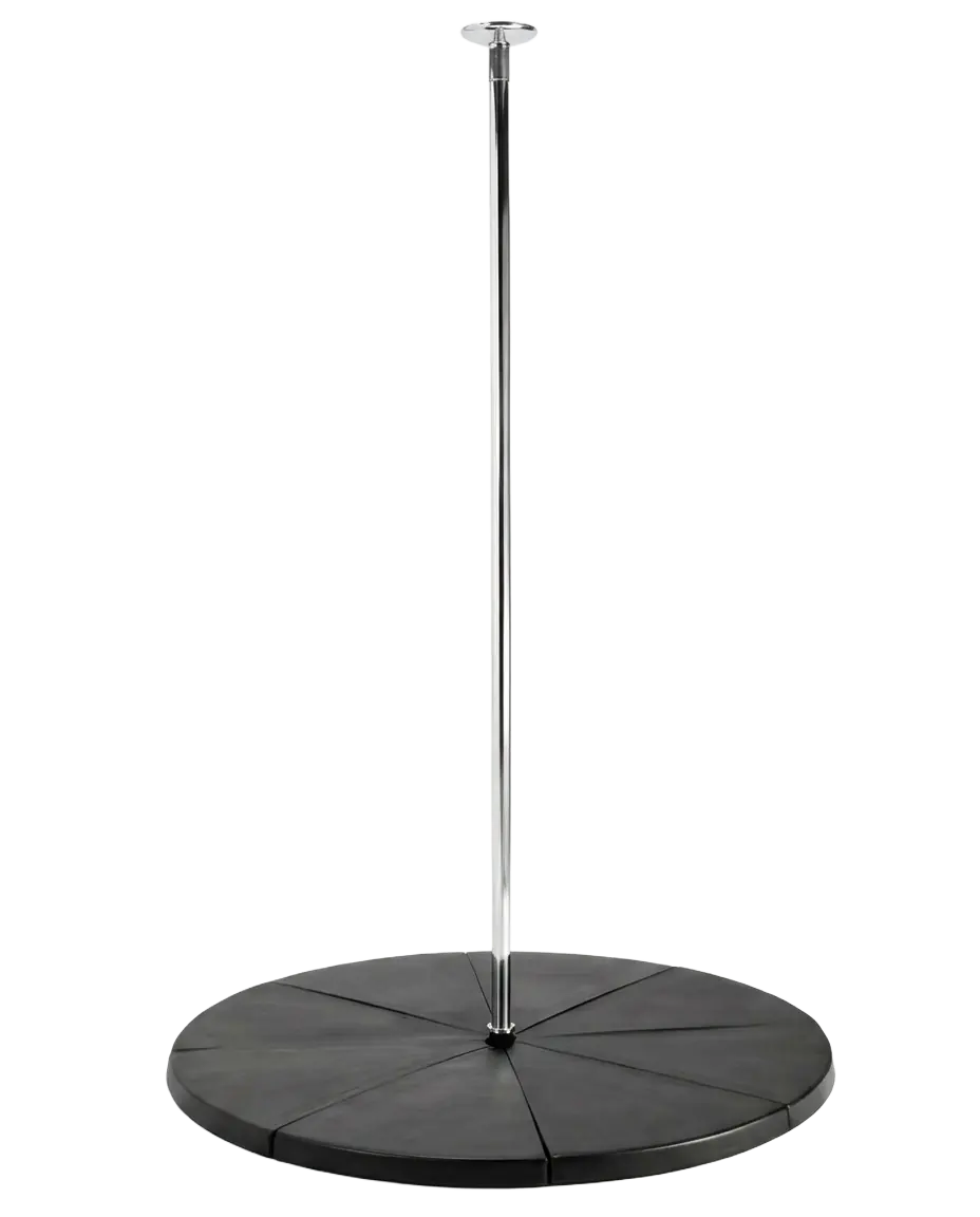 Round padded black stage base with the chrome pole fitted into the centre