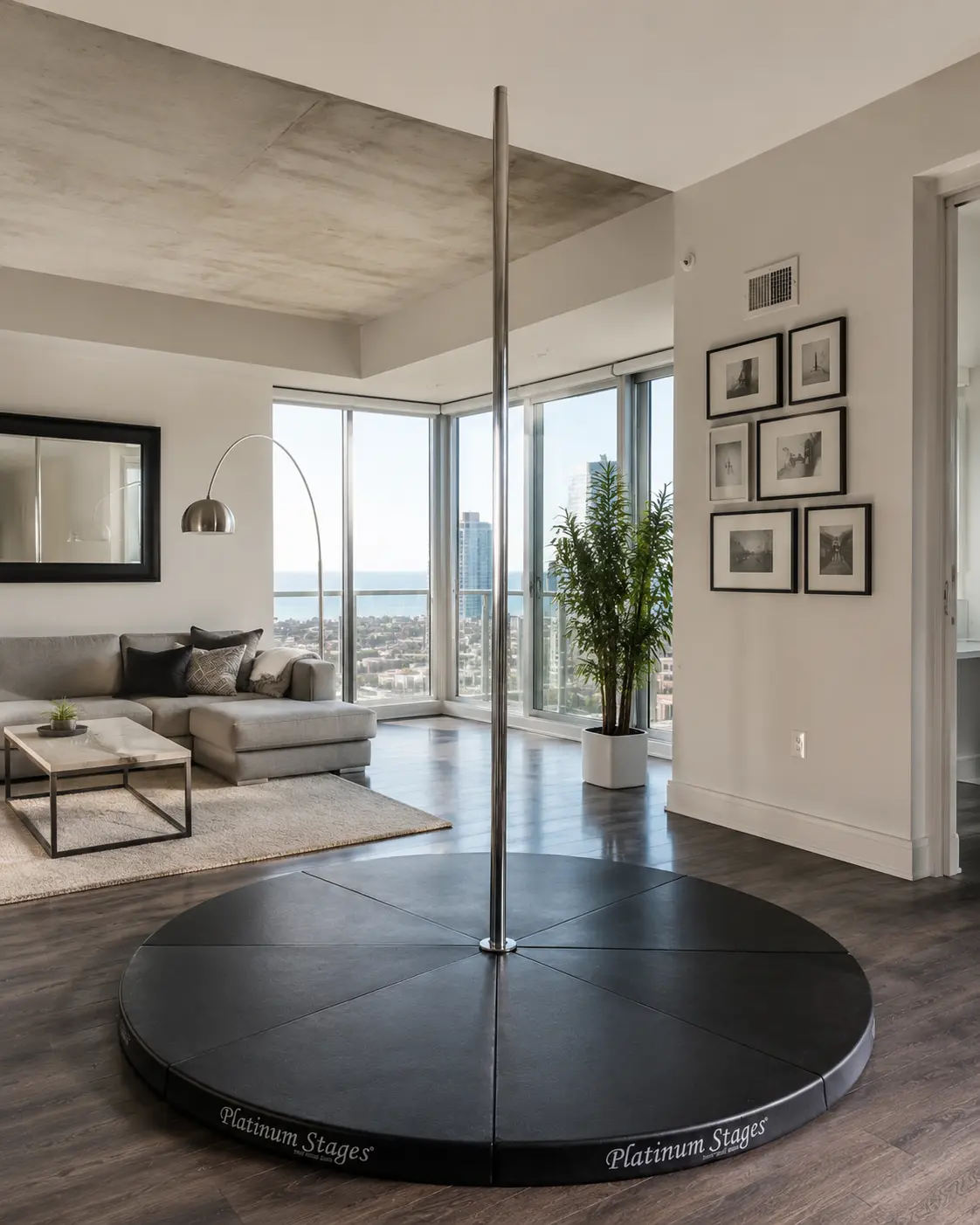 Portable dance pole set up in a condo living room
