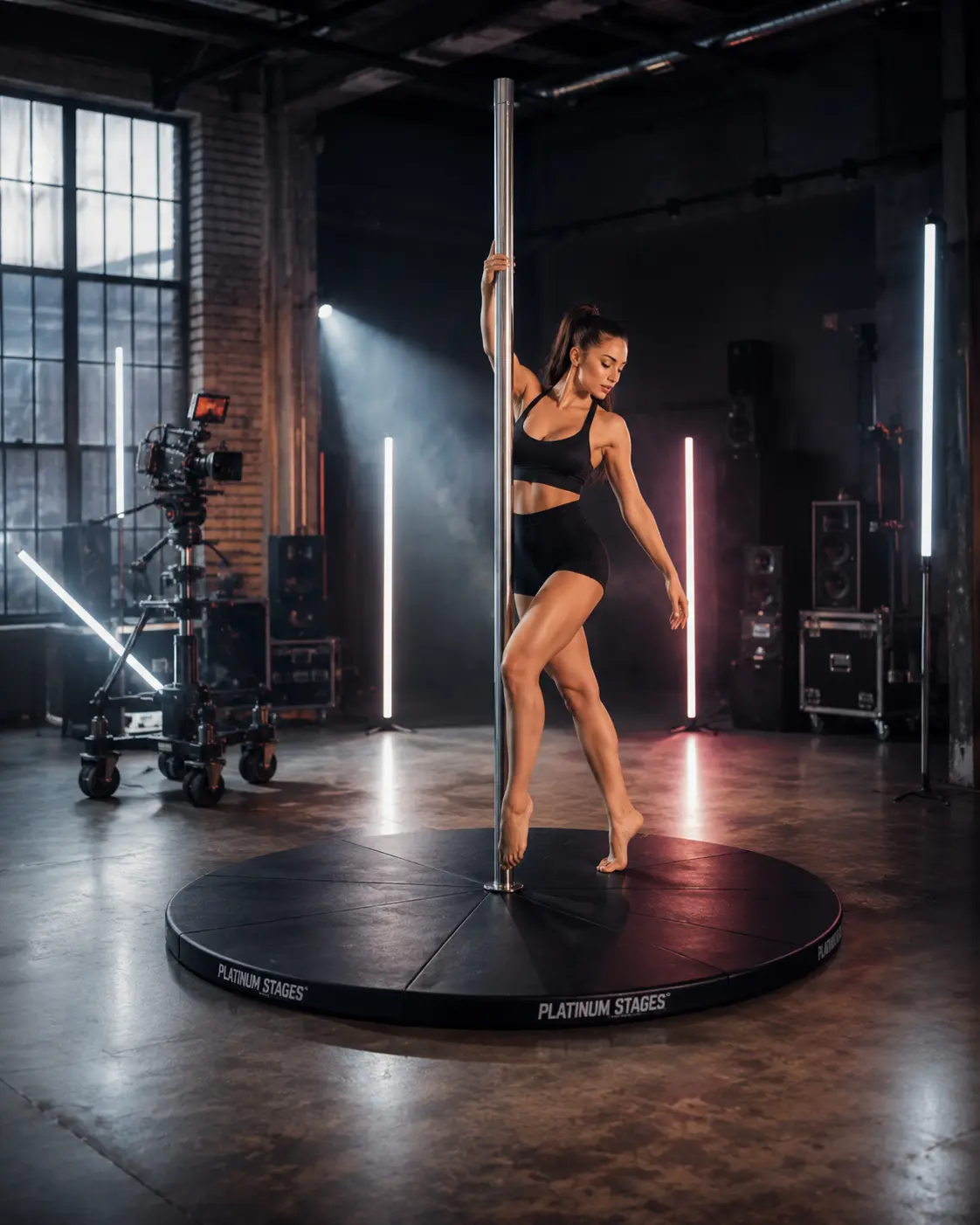 Chrome dance pole on a stage in a studio production set with cinema lighting